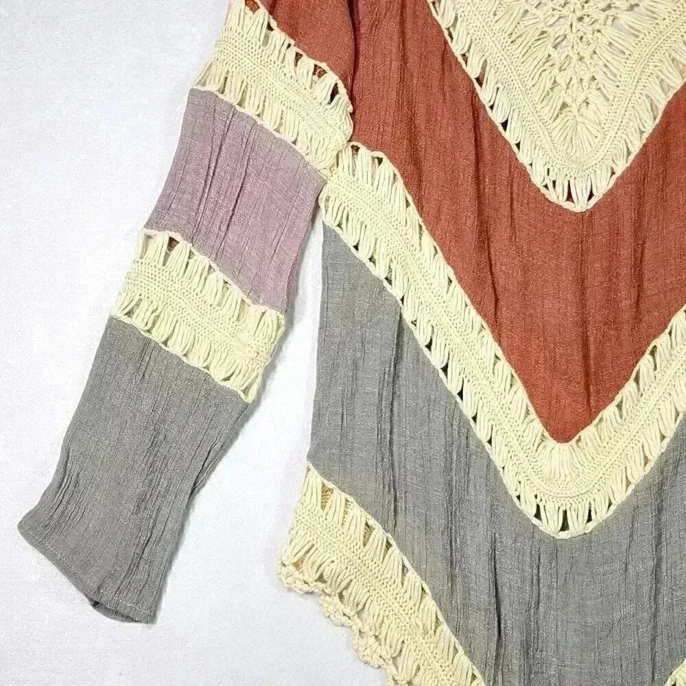 Women's Crochet Crinkle V-Neck Tunic Hippie BOHO Peasant‎ Coverup Earthy Blouse
